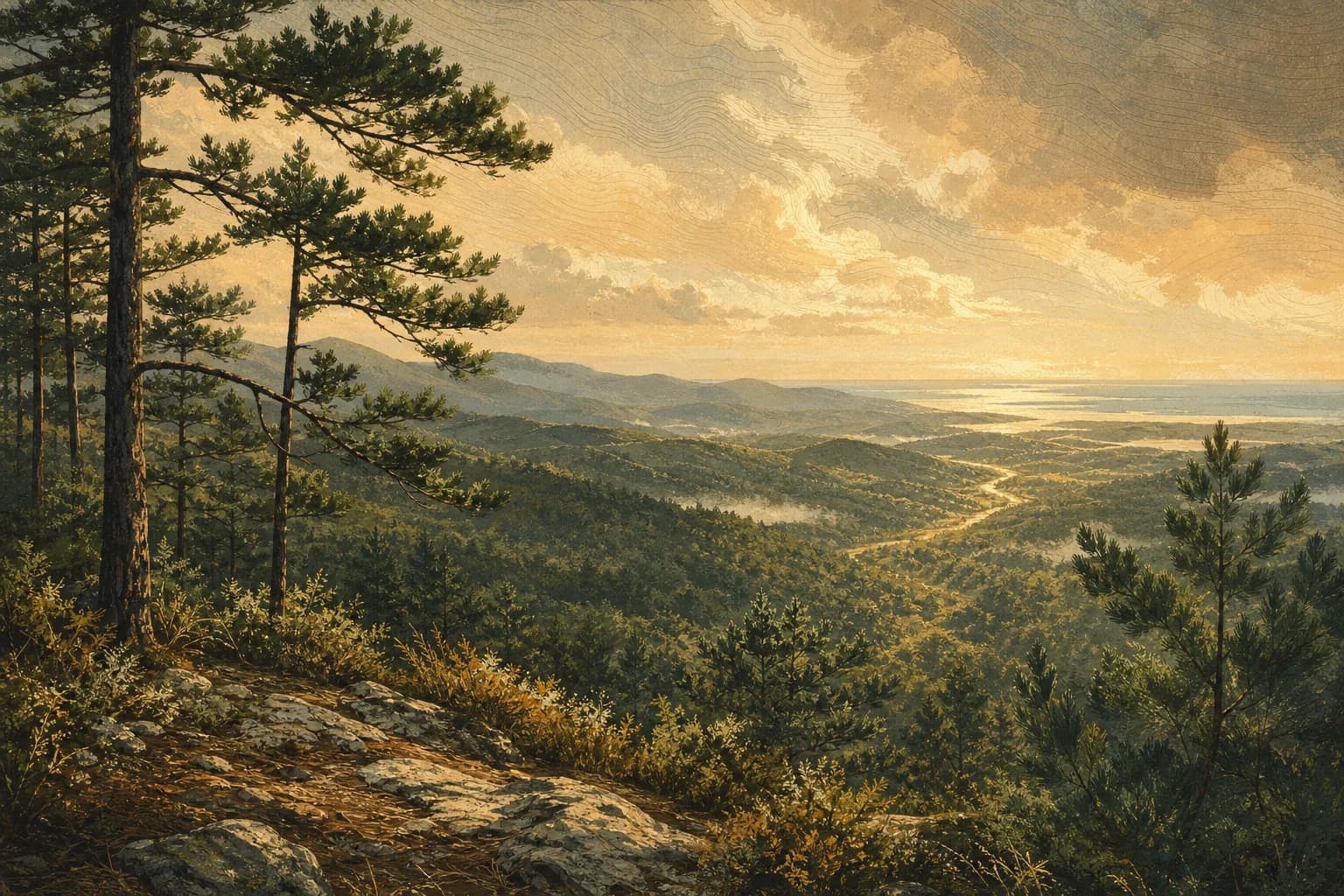 Pine-covered North Carolina mountains rolling toward the coast