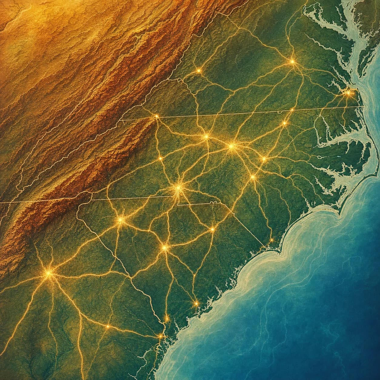 Stylized map of the Southeast US showing connection nodes